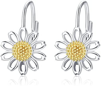 Daisy Leverback Hoop Earrings in White Gold-Plated Sterling Silver