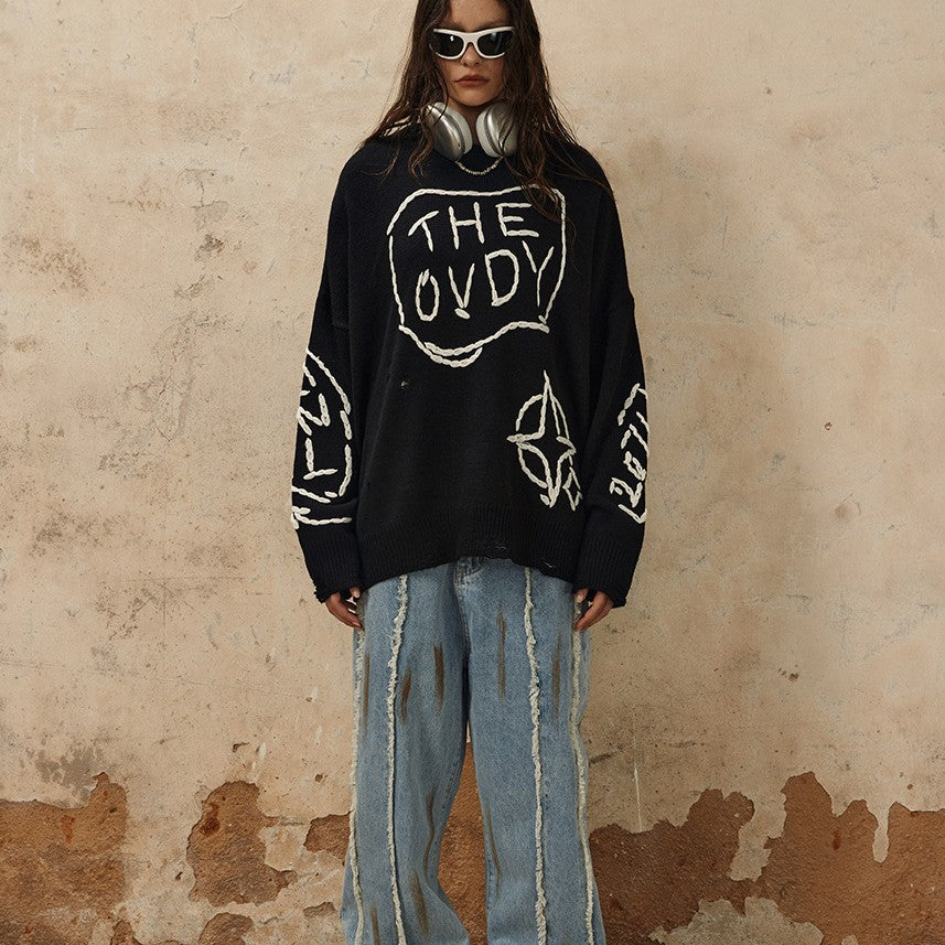 Perforated Round-Neck Loose-Knit Sweater