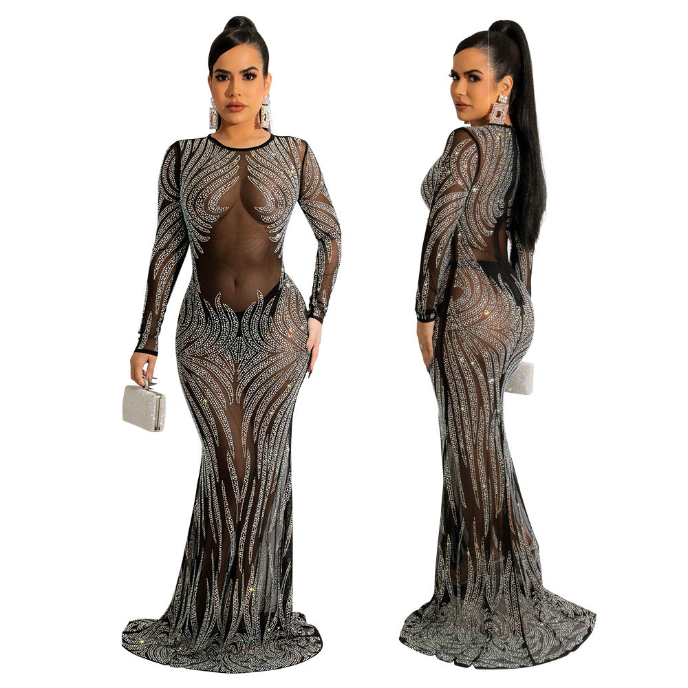 Banquet Red Carpet See-Through Rhinestone Fishtail Dress