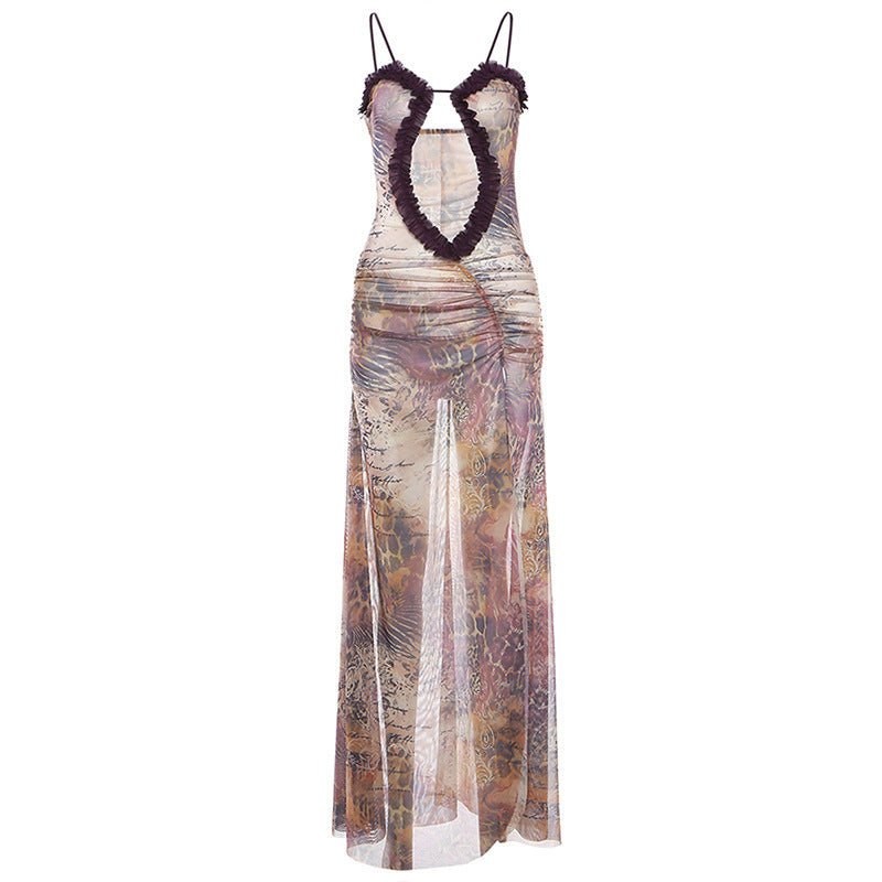 New Suspender Wooden Ear Printing Dress