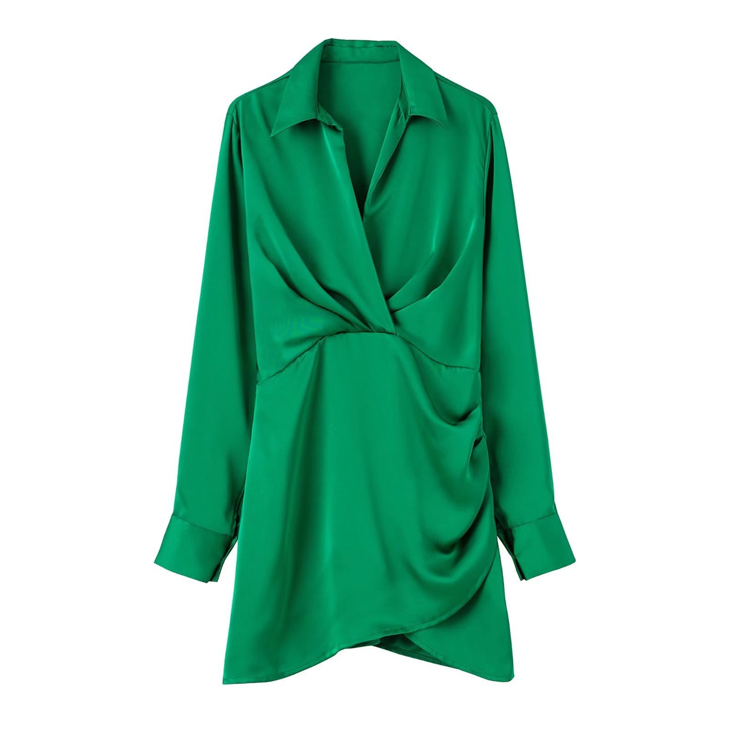 European & American Style Silk Satin Texture Waist Shirt Dress
