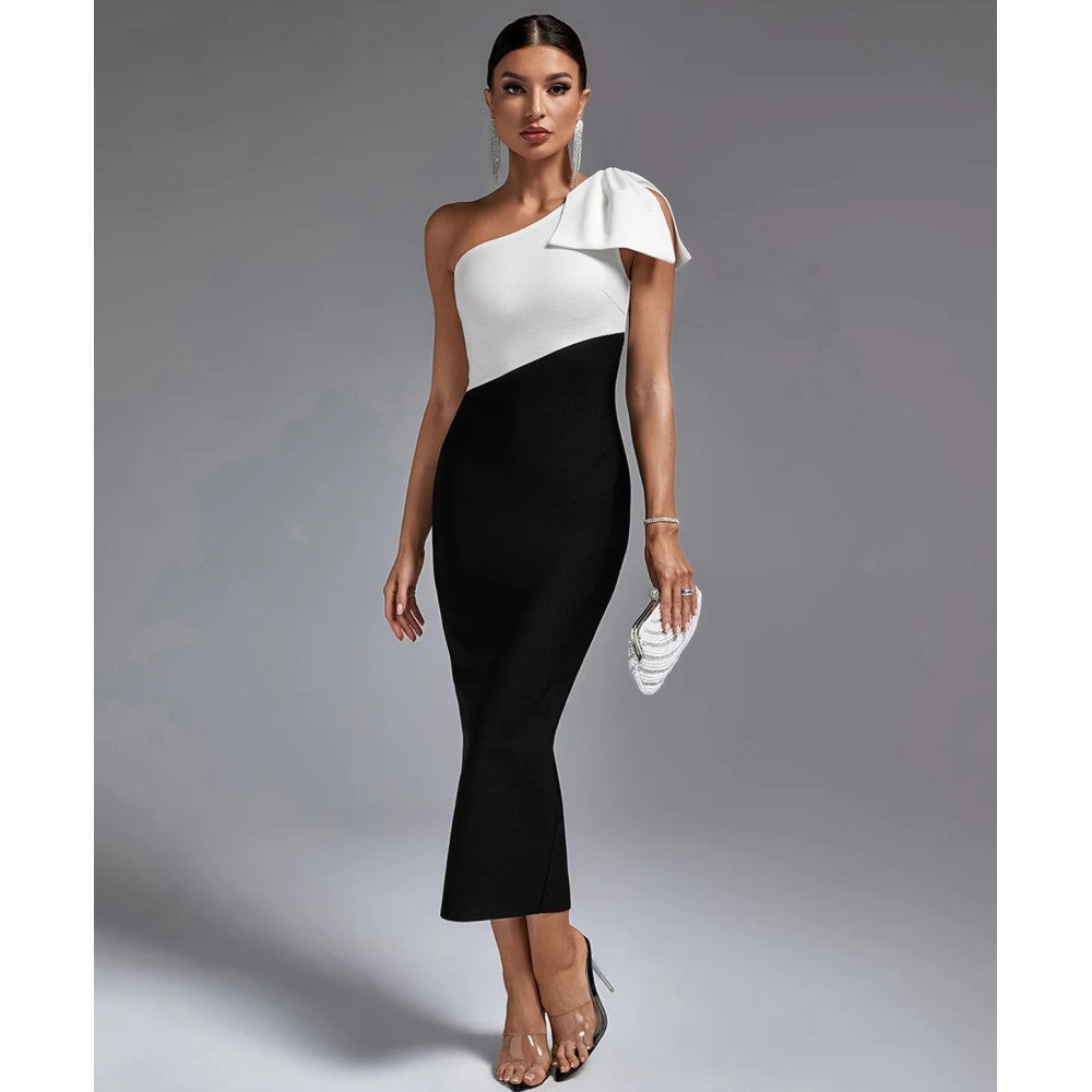 Shoulder Bow Stitching Casual Long Bandage One-Piece Dress