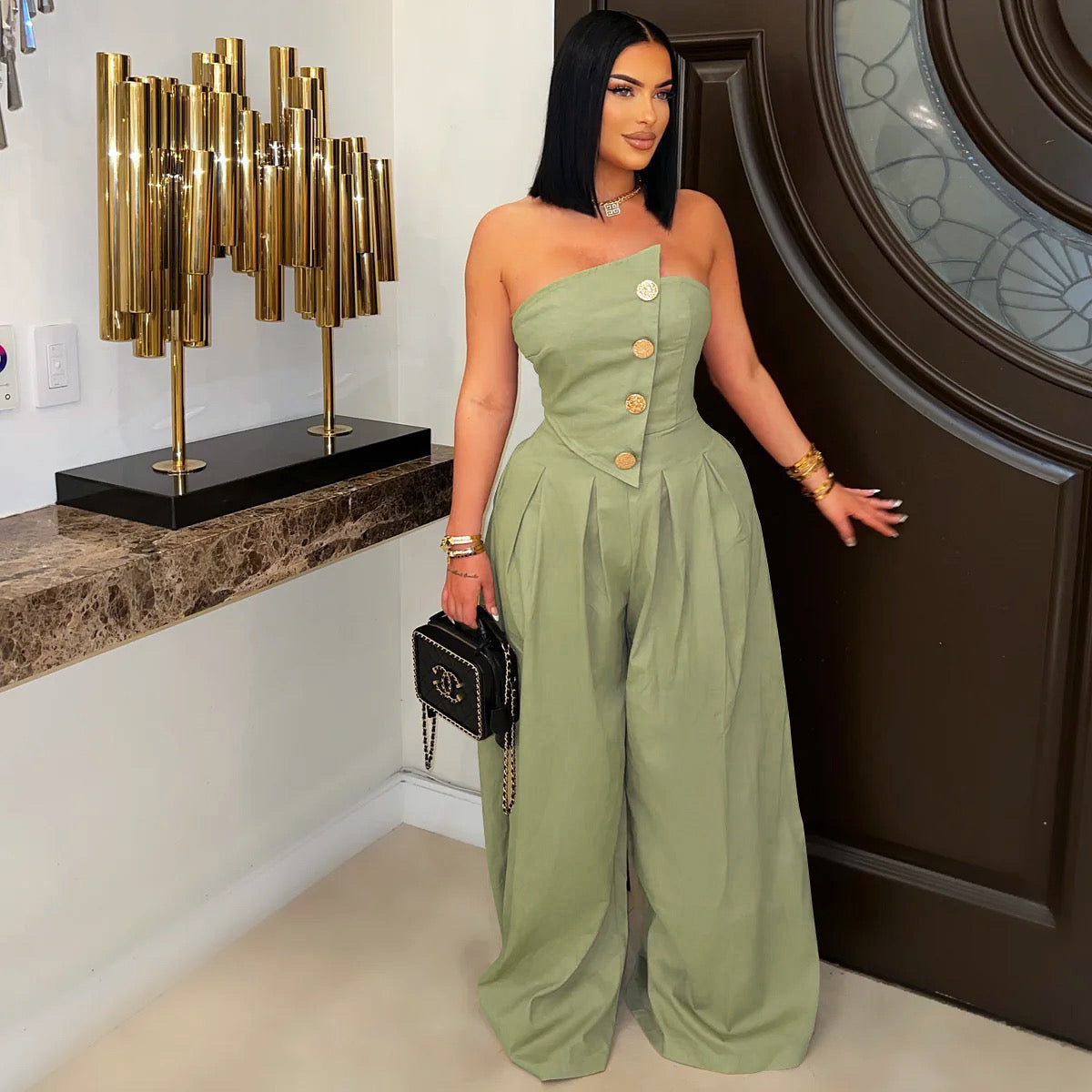 Tube-Top Sleeveless Metal Button Wide-Leg Jumpsuit
