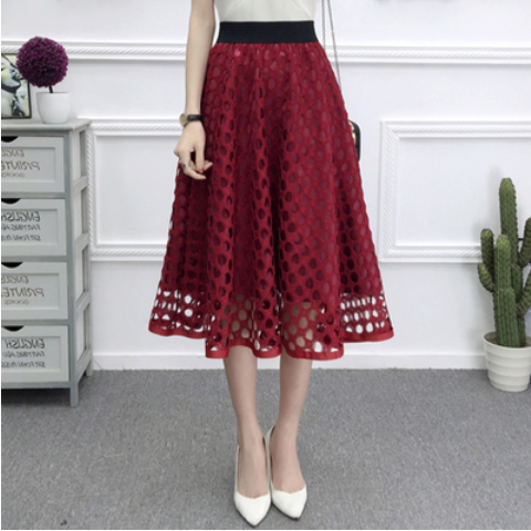 New high waist mesh tutu skirt spring and summer openwork lace skirt female slim A word skirt in the long paragraph large swing skirt
