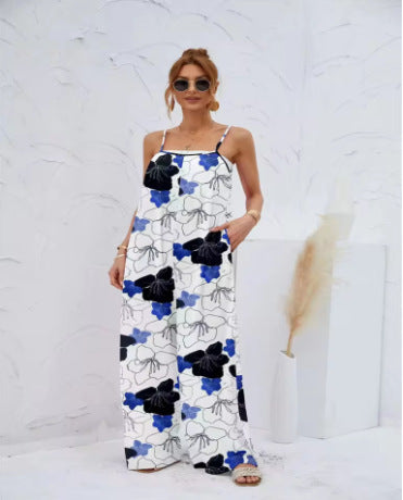 Printed Suspender Long Pants Jumpsuit