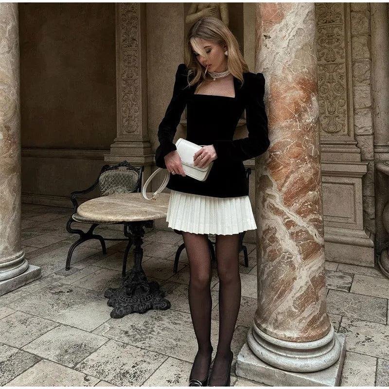 Colour-Block Pleated Velvet Long-Sleeve Dress
