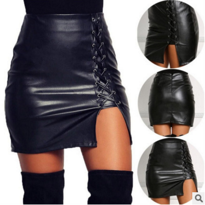 Black Lace-Up PU Leather Skirts