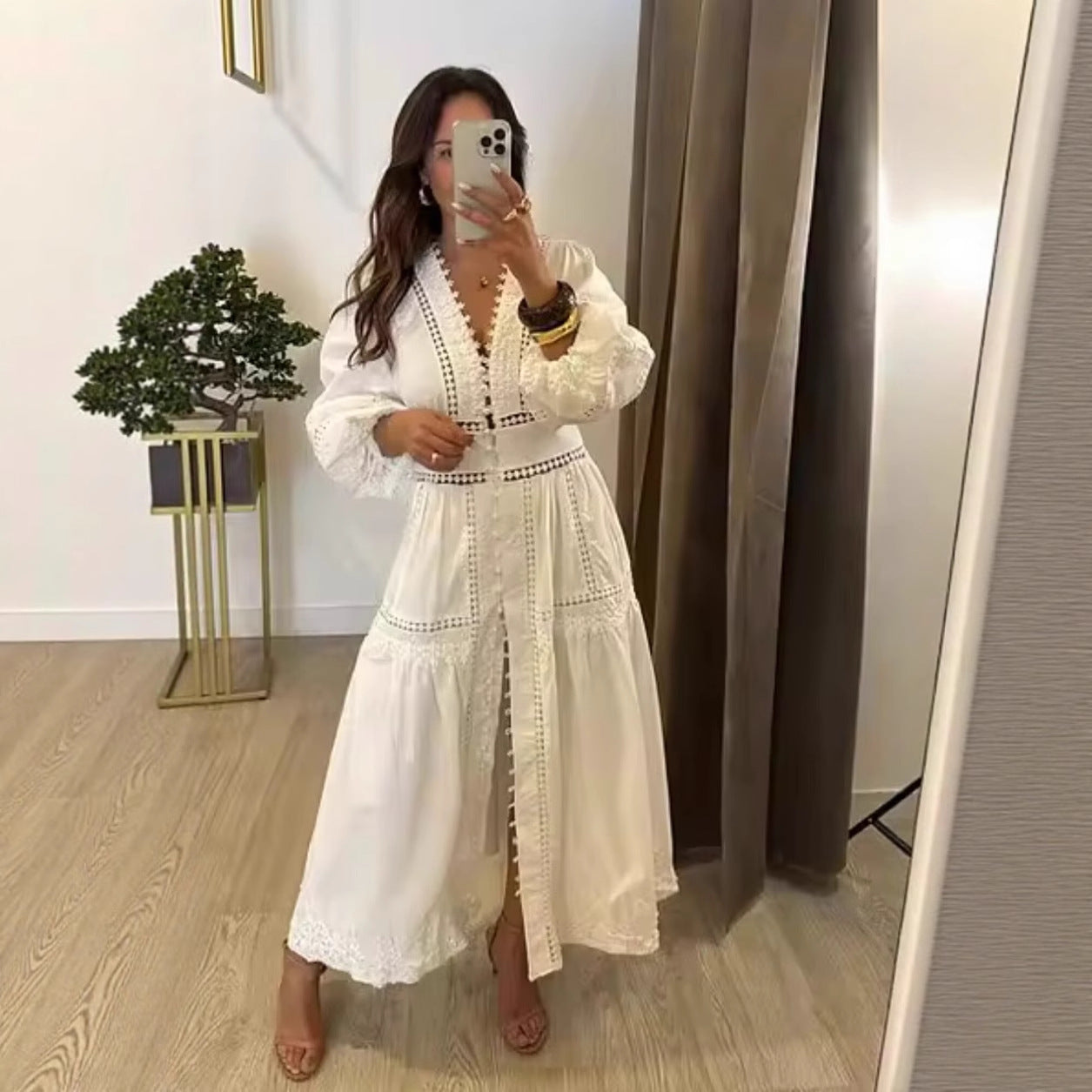 V-Neck Lace-Decorated Loose Dress