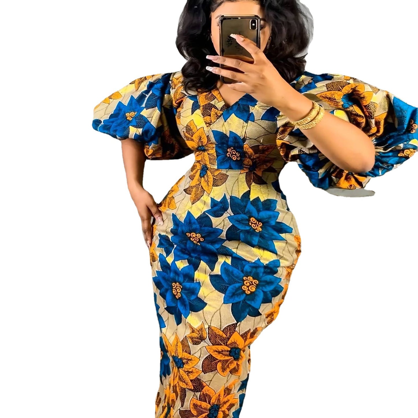 Printed Short-Sleeve Long Dress