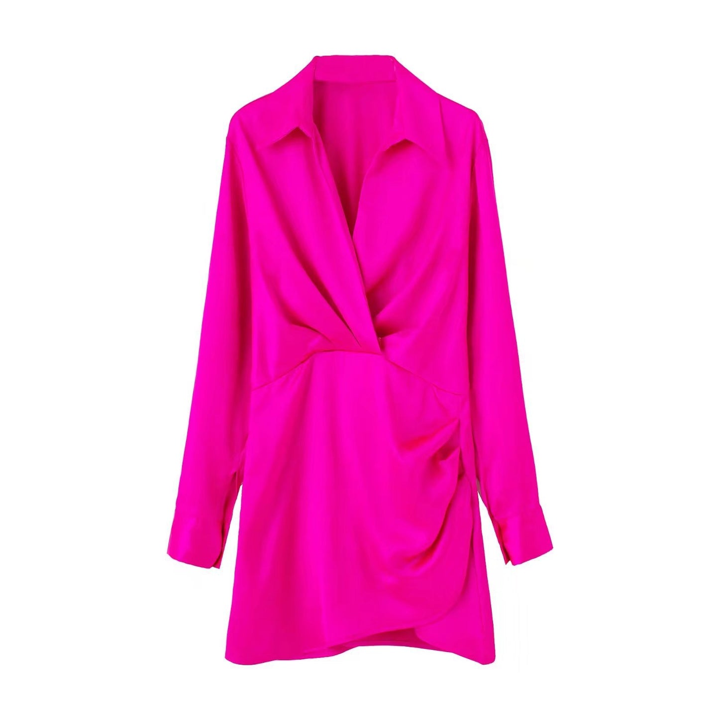 European & American Style Silk Satin Texture Waist Shirt Dress