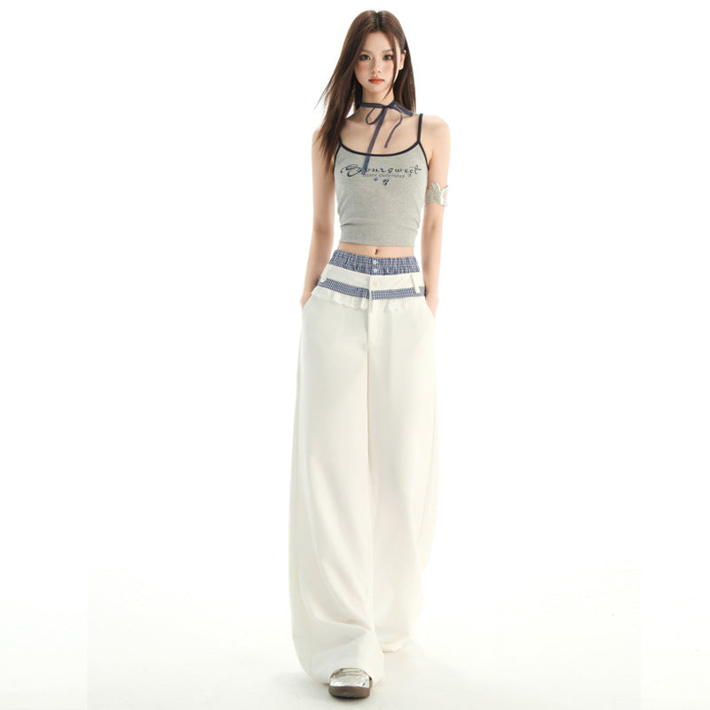 Spliced Lace Trim Double-Waistband Trousers