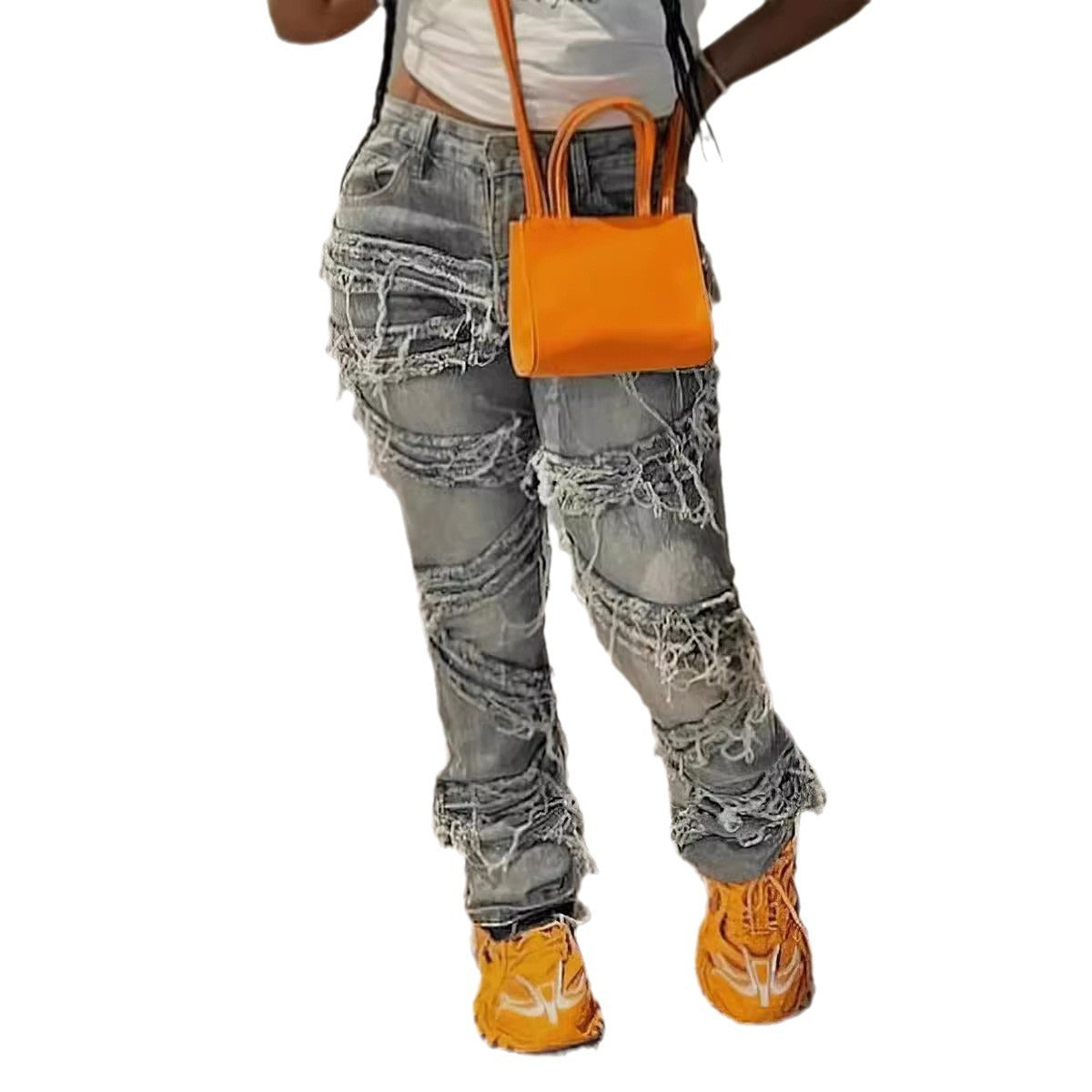 Laminated Ripped Washed Straight Tassle Fashion Casual Jeans