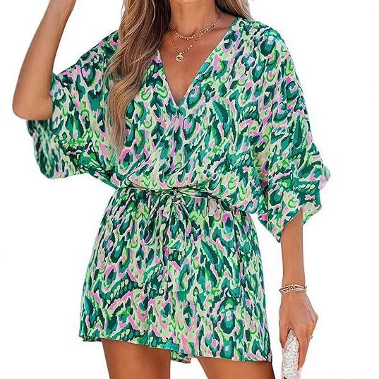 V-Neck Printed Lace-Up Bat Jumpsuit