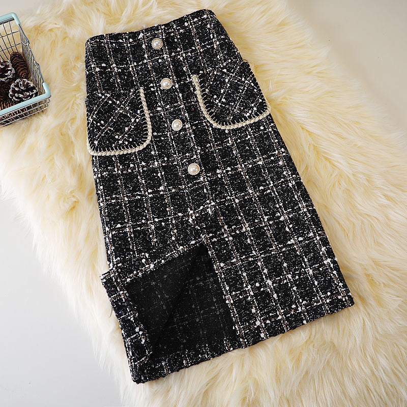 High-Waist Slim Woollen Plaid Skirt