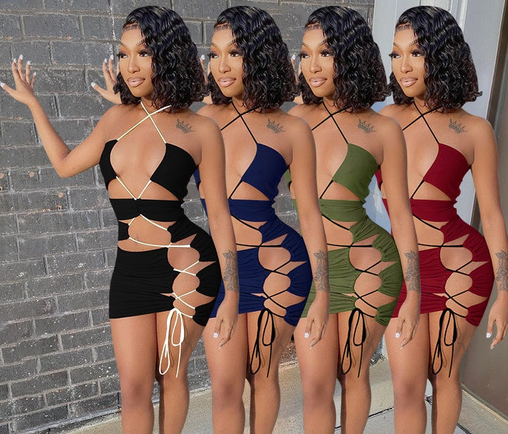 Irregular Drawstring Hollow-Out Mini Dress
