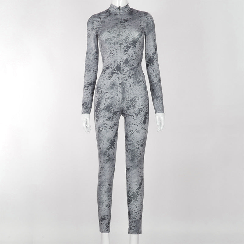 New Round Stand-Up Collar Slim-Fit Chest Zipper Cool Print Jumpsuit