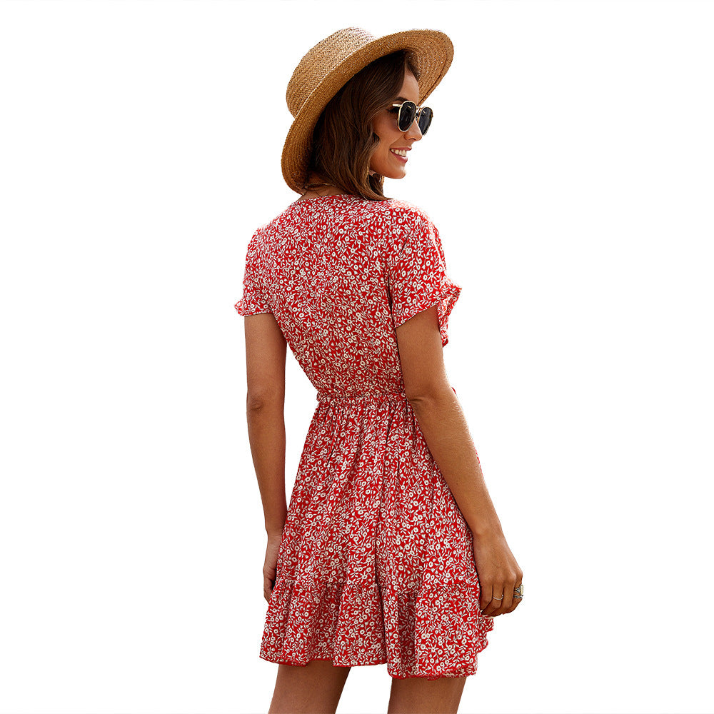 Deep-V Ruffled Floral Spring Dress - European & American Style