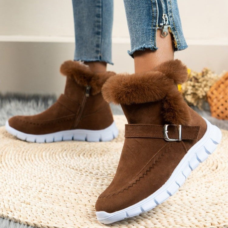 New*****!!!! - Thickened Solid Colour Plush Ankle Snow Boots With Buckle Design