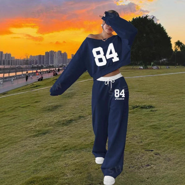 Women's Loose Casual Print Trousers Sweater Suit