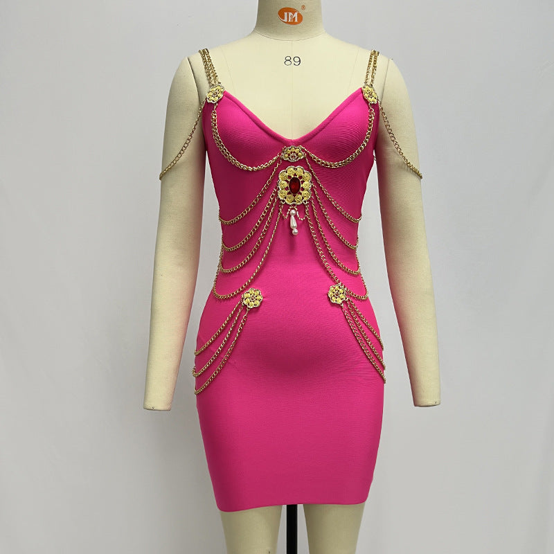 Gold Chain Bandage Evening Mini Dress