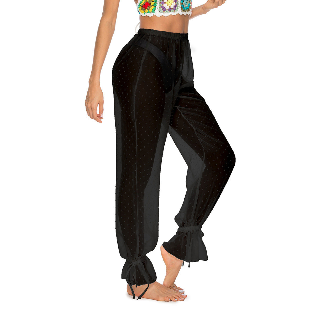 Women's Mesh Jacquard Ankle-Banded Trousers - Slightly Transparent