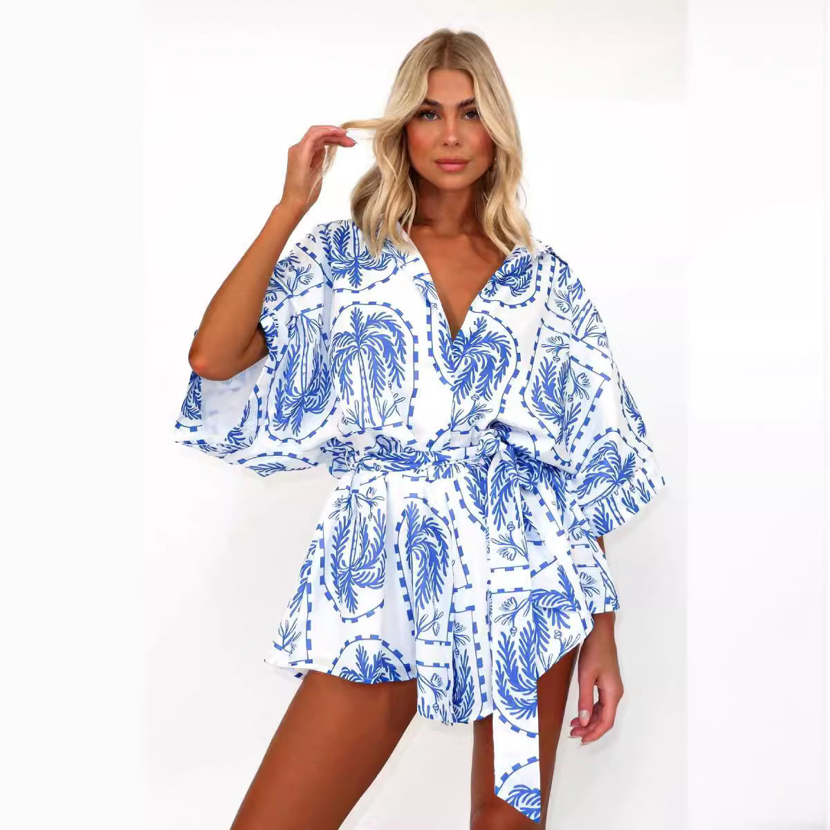 Printed Lace-Up Short Pants Jumpsuit