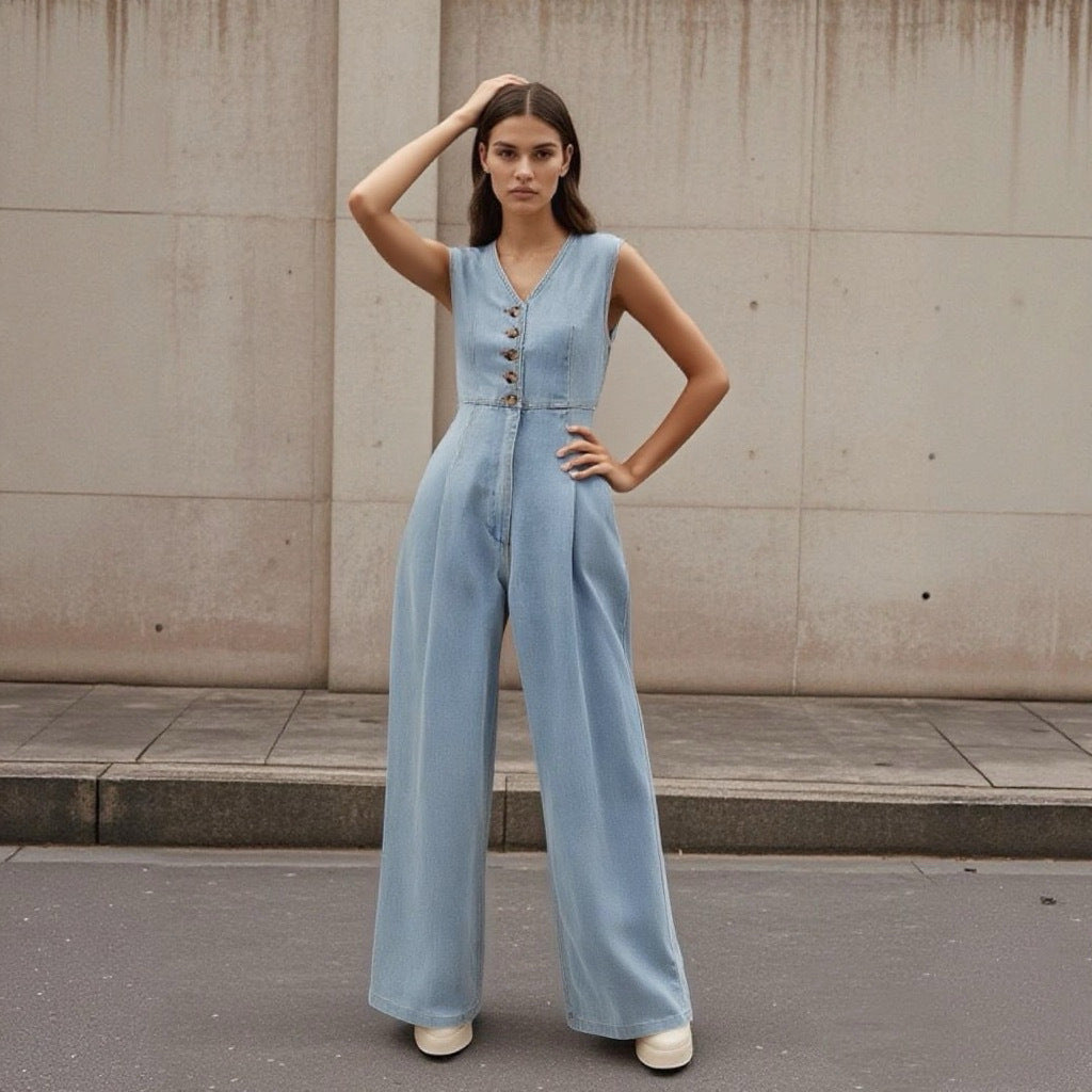V-Neck Double-Breasted Sleeveless Wide-Leg Denim Jumpsuit