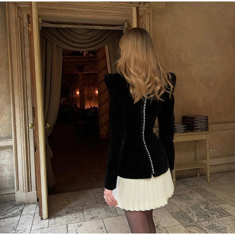 Colour-Block Pleated Velvet Long-Sleeve Dress