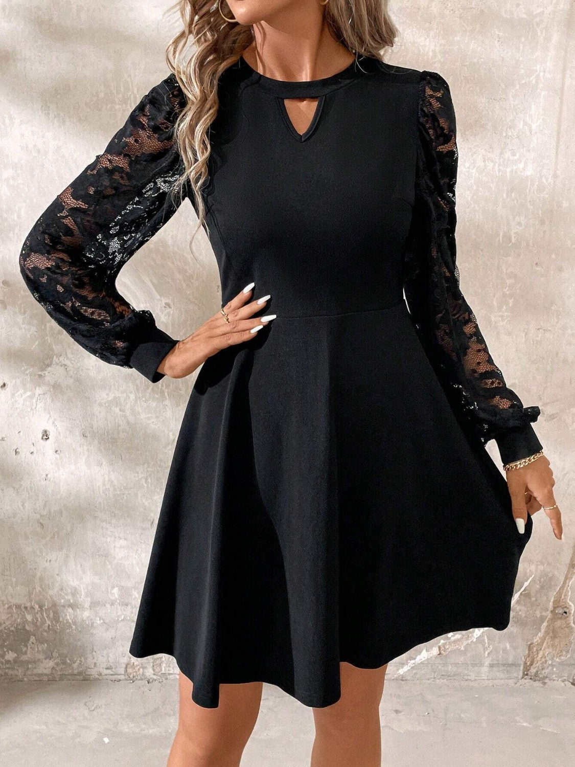 Cutout Lace Long-Sleeve Mini Dress - US Only
