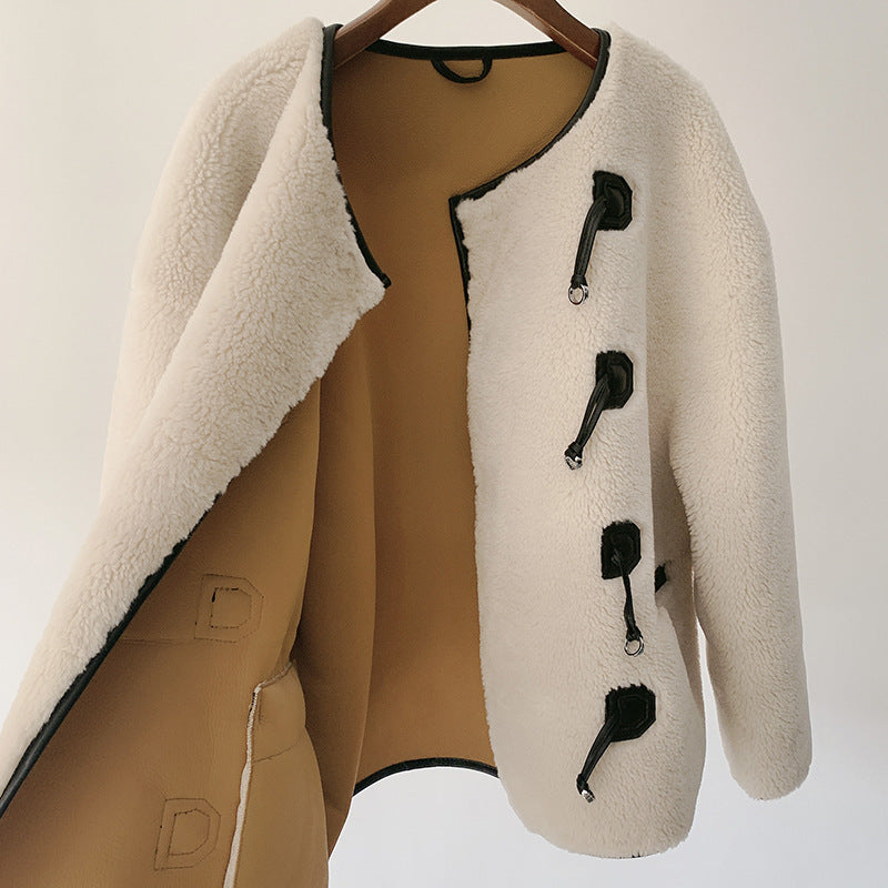 New Metal Leather Ring Fur Stitching Coat