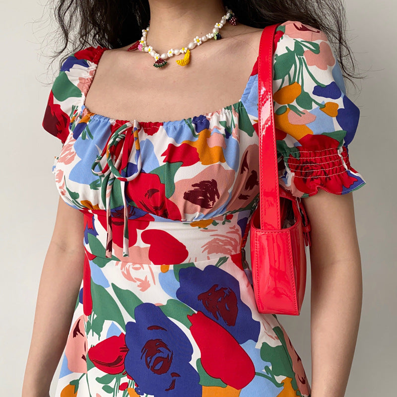 French Retro Square-Neck Tie-Up Mini Dress
