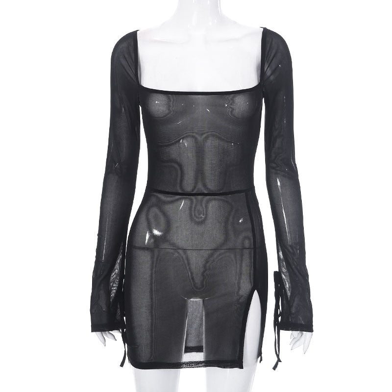 Square-Neck Long-Sleeve Split Mini Dress
