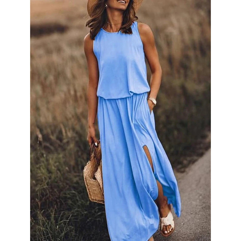 Pockets Sleeveless Crew-Neck Maxi Dress - US Only