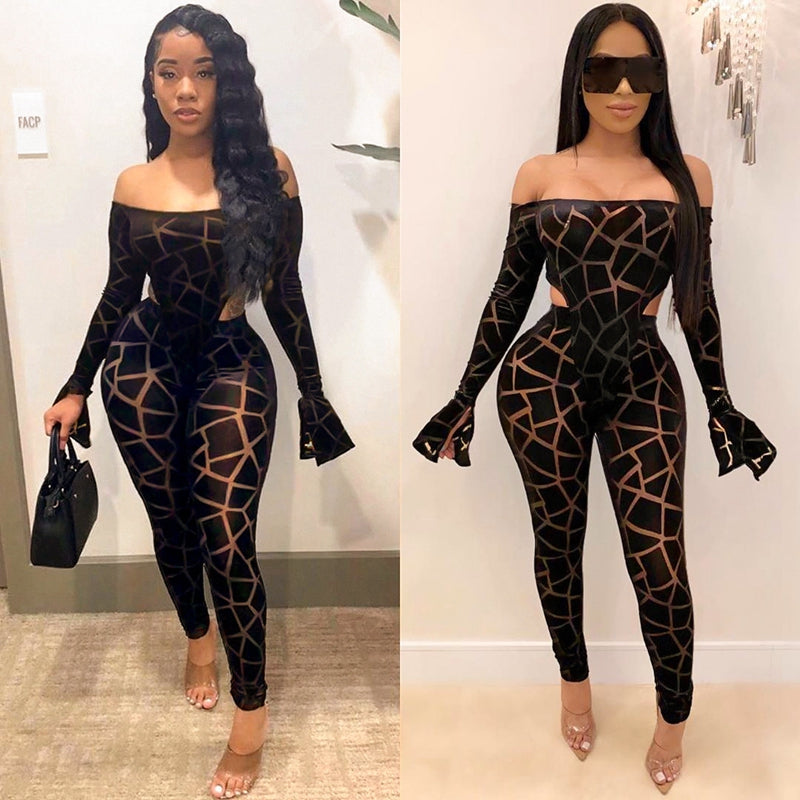 Tube-Top Print Off-Shoulder Ruffle Sleeve Jumpsuit