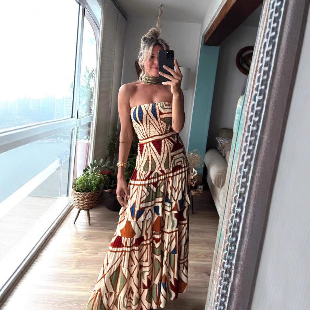 Retro High-Waist Printed Maxi Dress