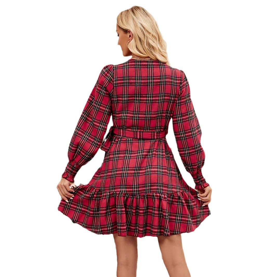 Plaid Printed V-Neck Puff-Sleeve Ruffled Drawstring Dress