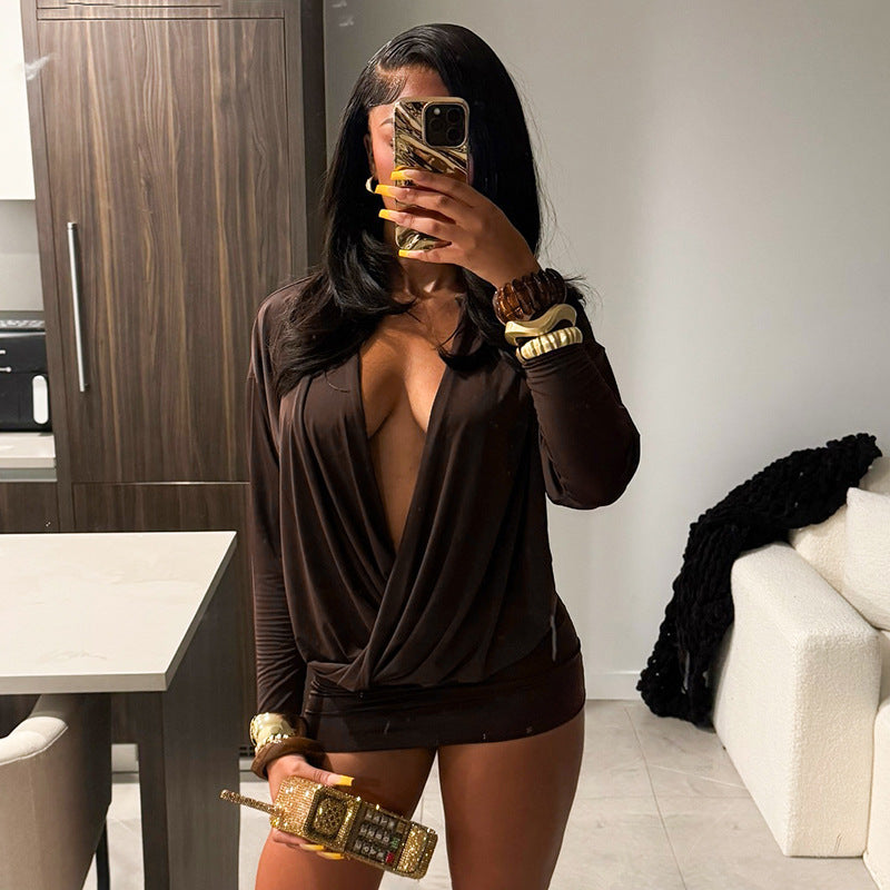 Deep-V Bat-Sleeve Mini Dress