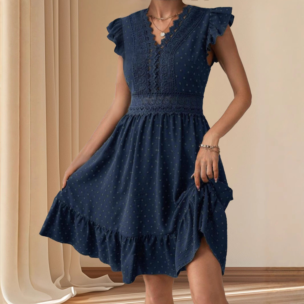 Lace Trimmed Pleated V-Neck Elegant Dress
