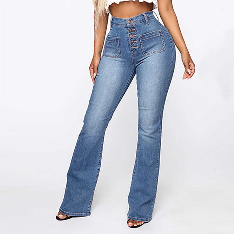 Patch Pocket Ladies' Washed High-Waist Denim Trousers - Plus-Sizes Available