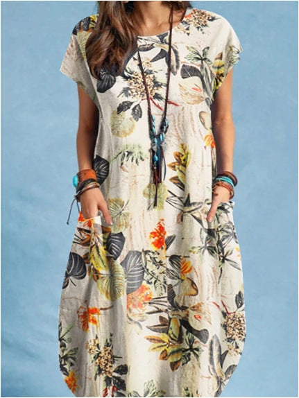 Women's New Fashion Cotton & Linen Plant Print Round-Neck Pocket Short-Sleeve Casual Dress