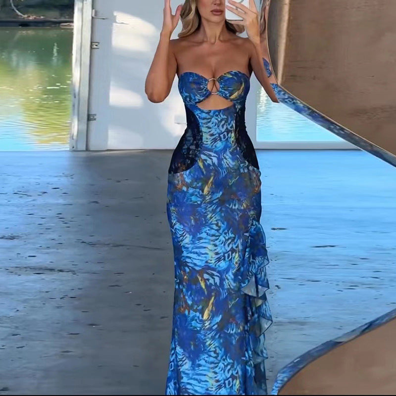 Sheer Mesh Floral Print Slit Dress