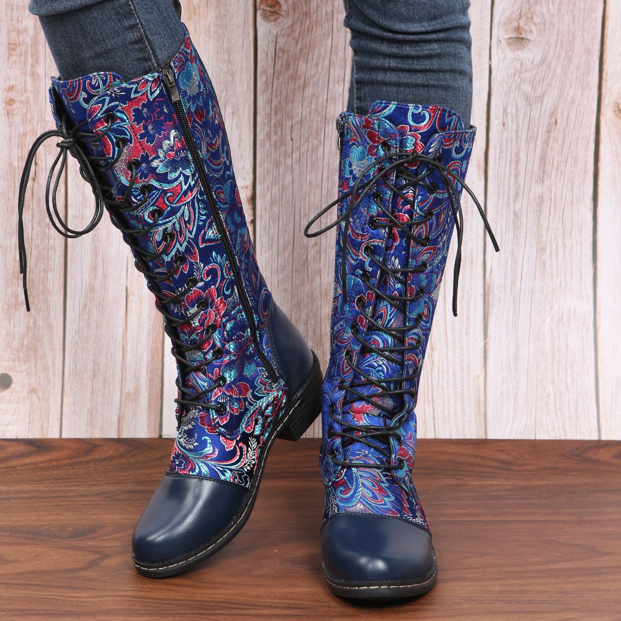 Flowers Print Long Lace-Up Heeled Boots For Women