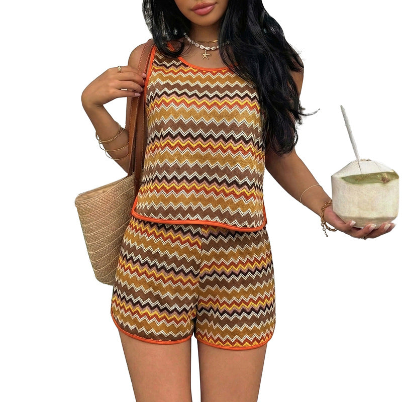 Ethnic-style Ripple-Textured Knitted Vest And Shorts Set