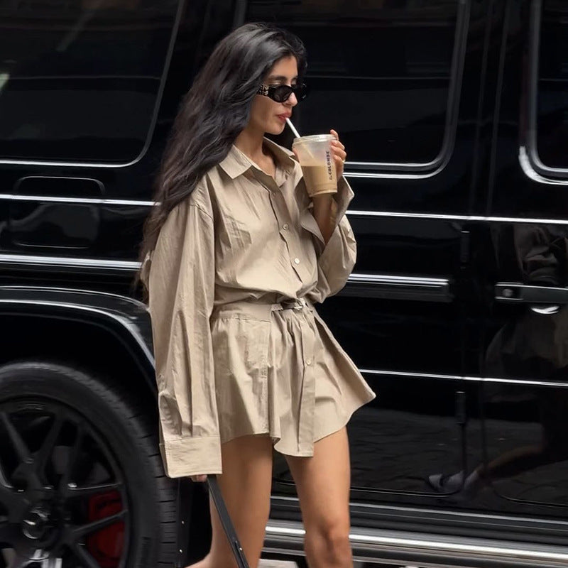 Loose Street Fashion High-Waist Lapel-Sleeve Dress