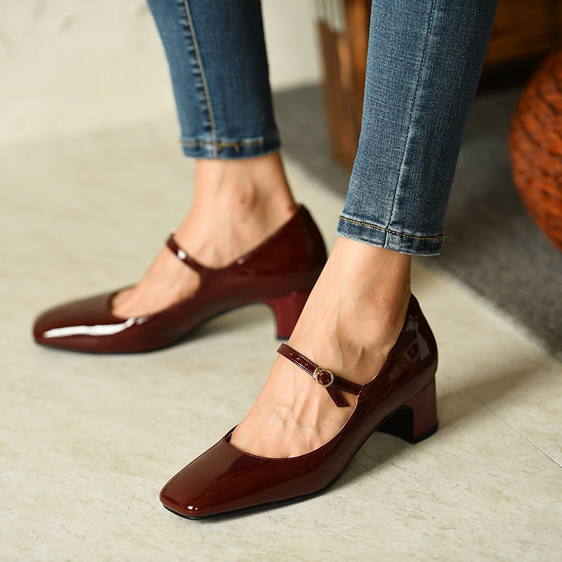Burgundy Bright Leather Strap Square Toe Shoes For Women