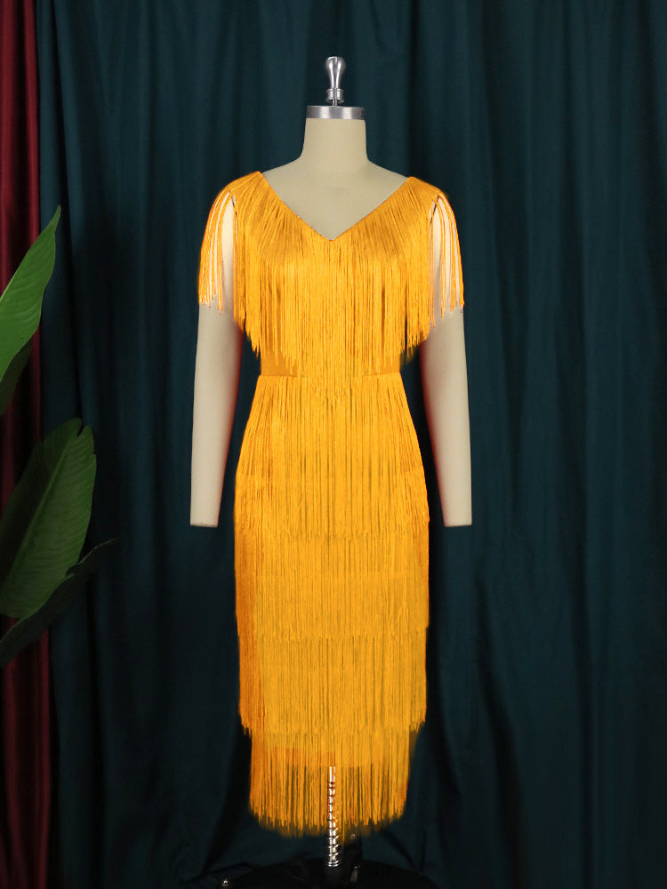 Banquet V-Neck Tassel High-Waist Dress