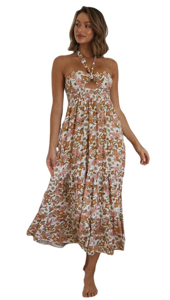 Halter-Neck Printed Long Dress