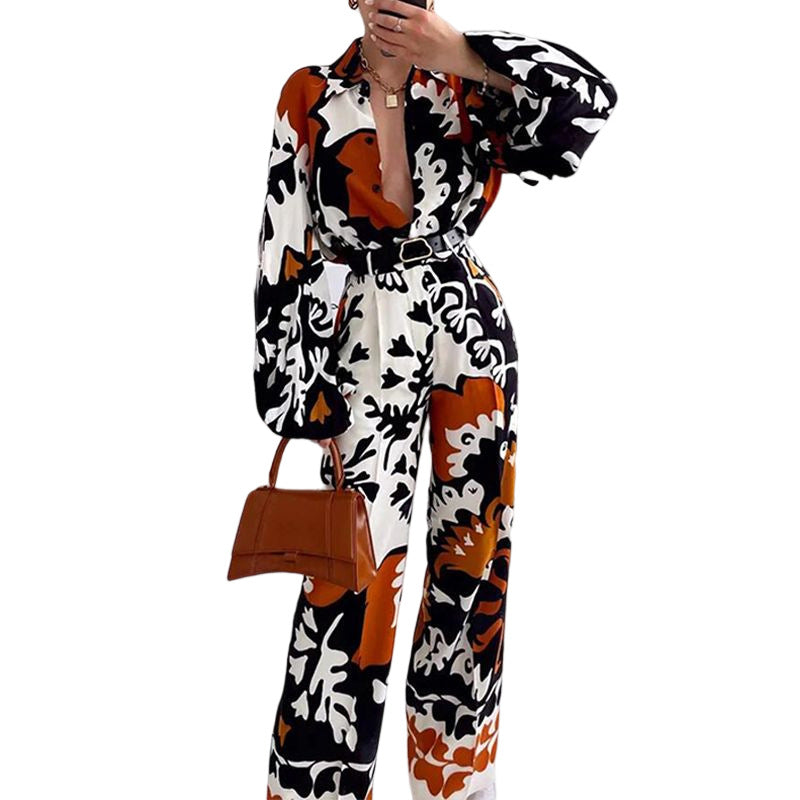 Two-Piece Colour-Contrast Printed Casual Jumpsuit