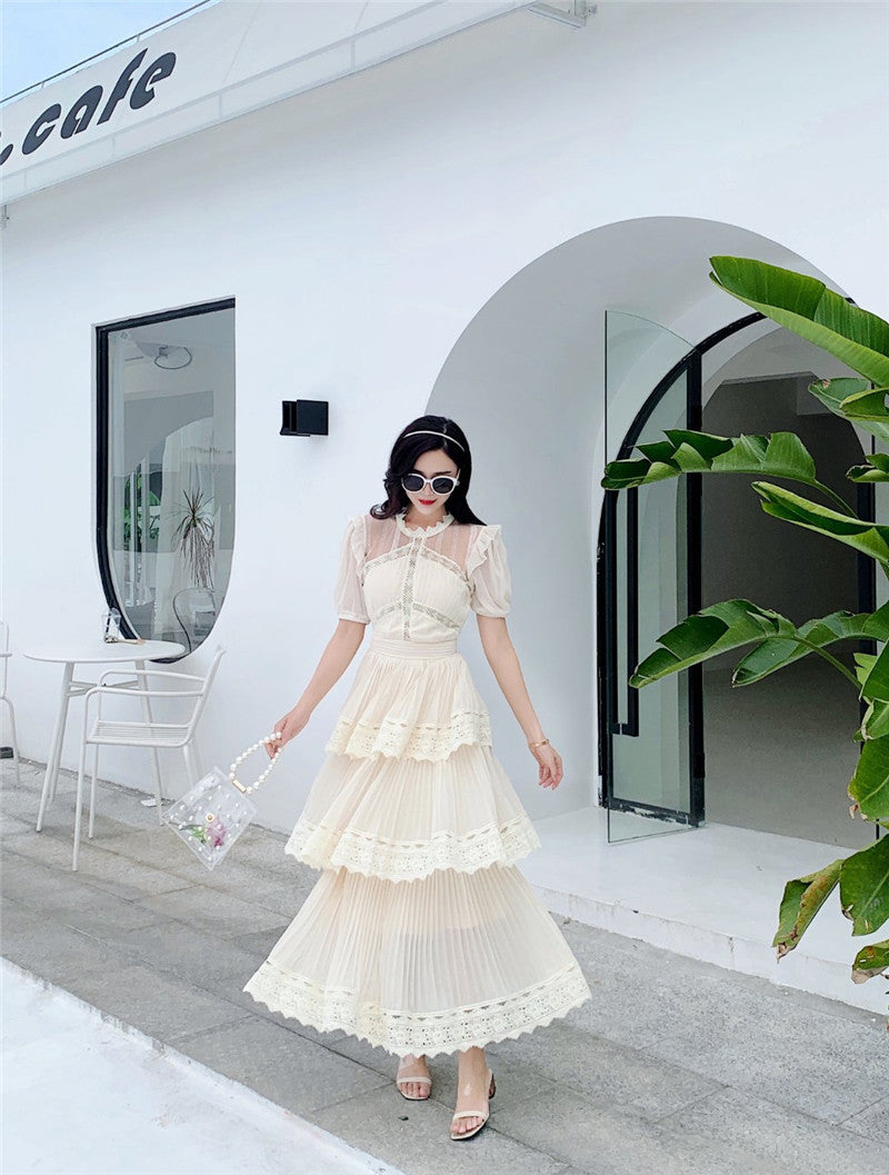 French-Style Short-Sleeved Cake-Skirt Long Dress
