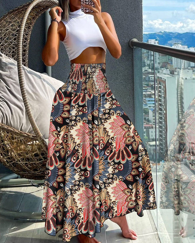 Elastic High-Waist Boho Print Skirt